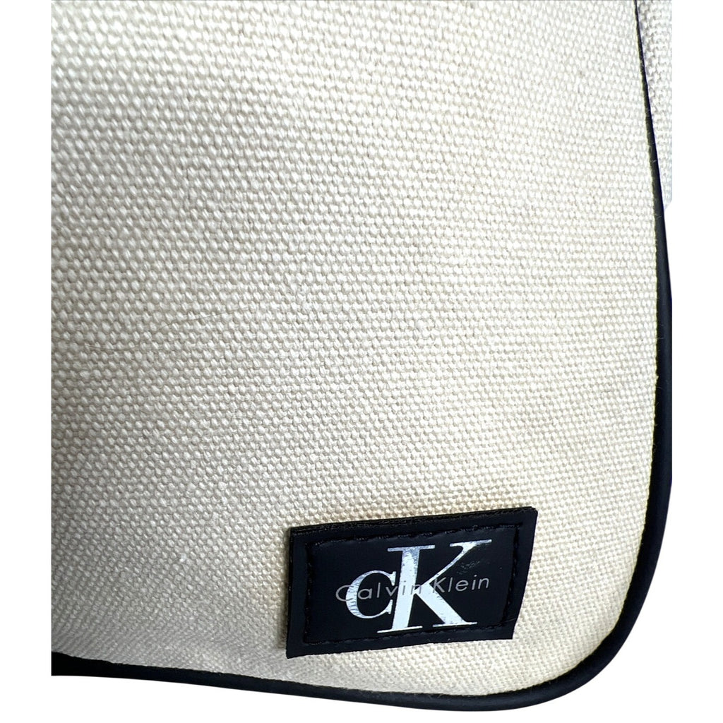 Calvin Klein Beige Canvas Crossbody Bag With Black Strap & Zipper