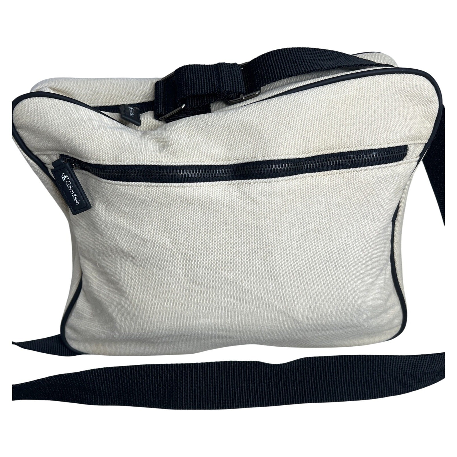 Calvin Klein Beige Canvas Crossbody Bag With Black Strap & Zipper