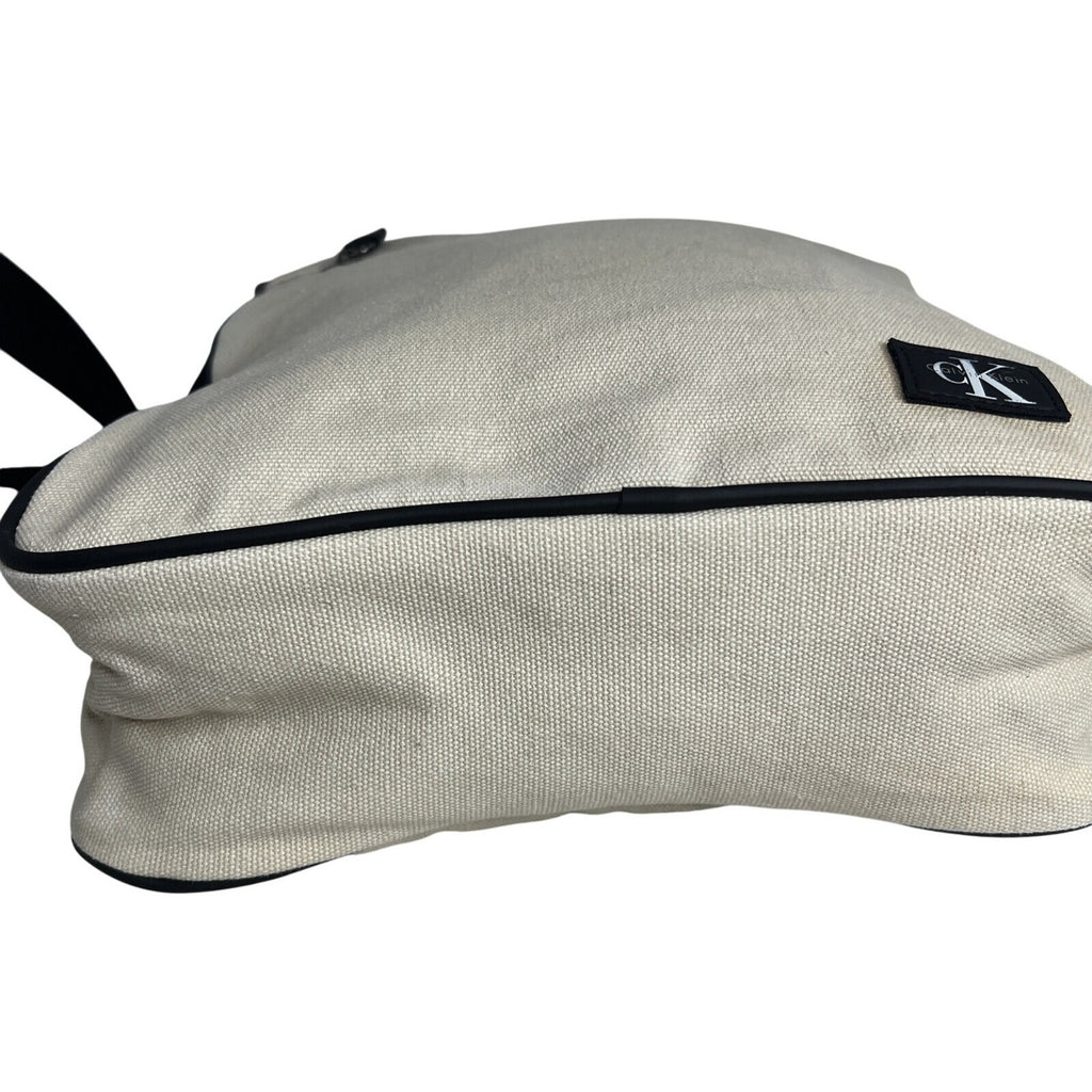 Calvin Klein Beige Canvas Crossbody Bag With Black Strap & Zipper