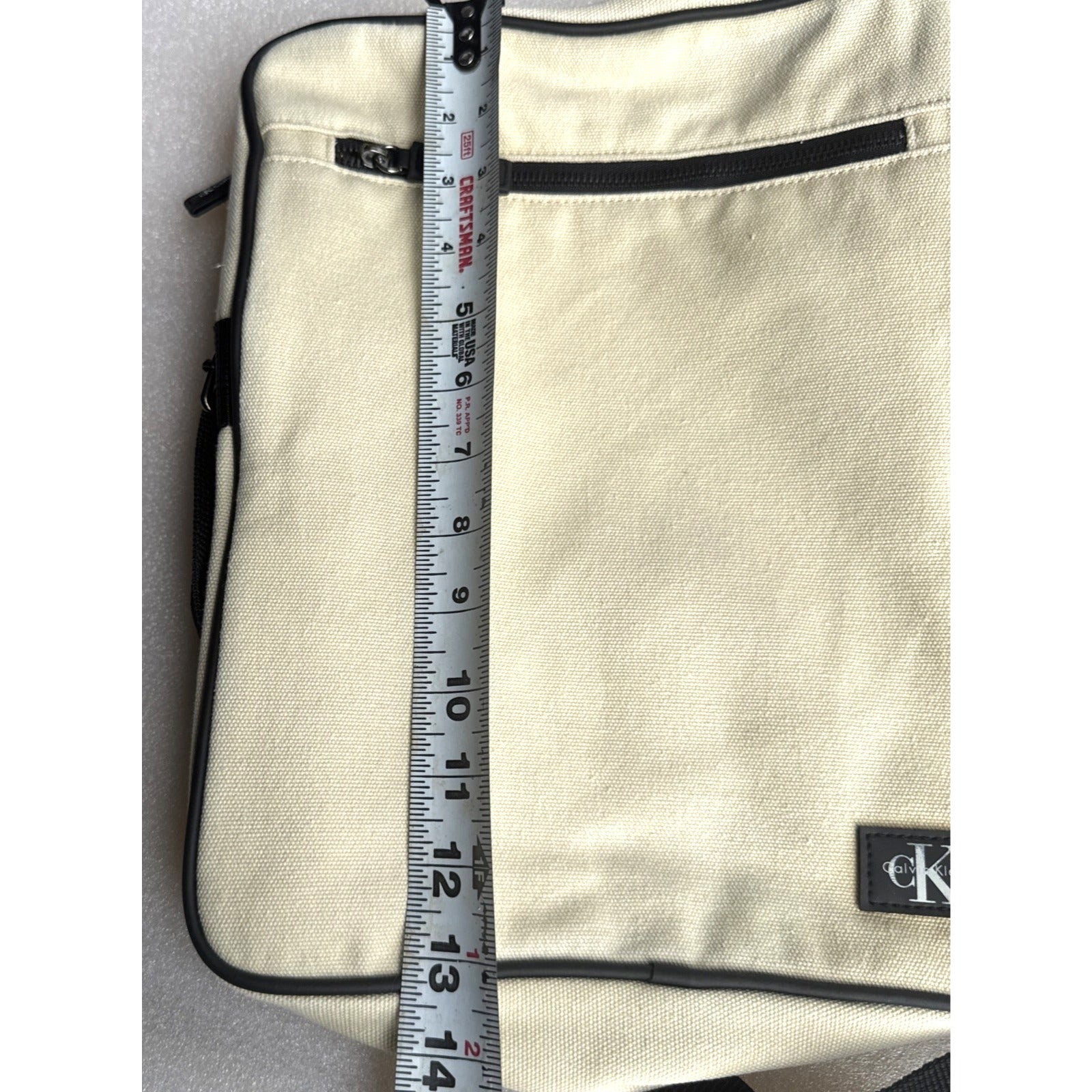 Calvin Klein Beige Canvas Crossbody Bag With Black Strap & Zipper