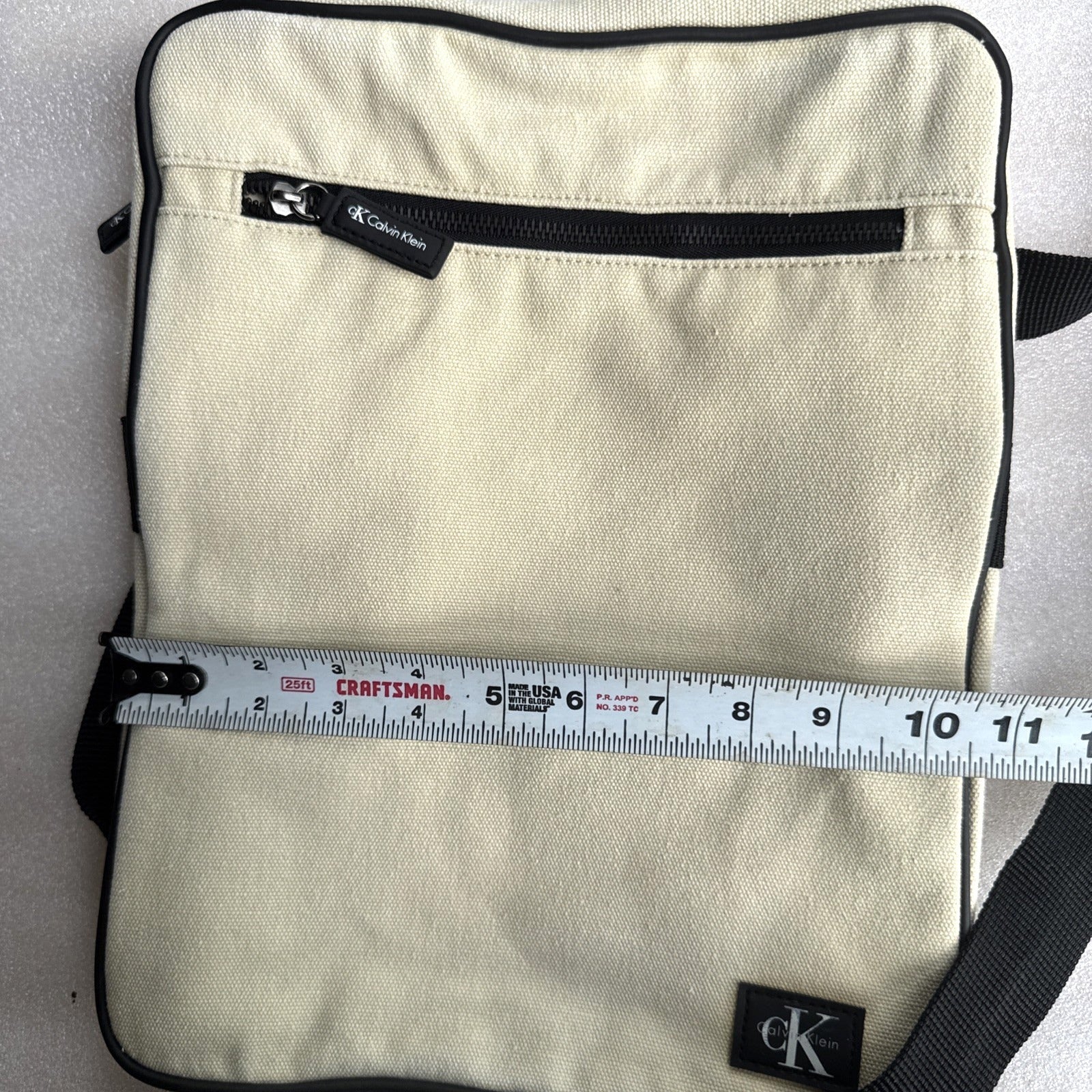 Calvin Klein Beige Canvas Crossbody Bag With Black Strap & Zipper
