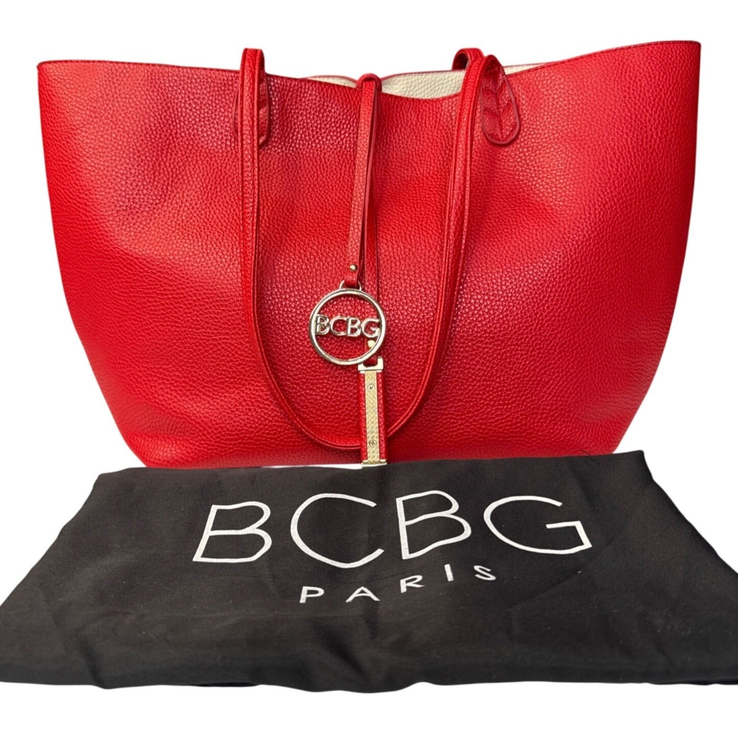 BCBG Paris Red Pebbled Leather Shoulder Bag With Charm & Dust Bag