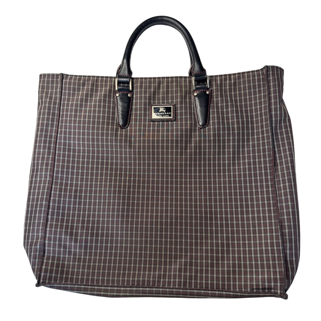 Burberry Black Label Plaid Tote Bag With Leather Handles