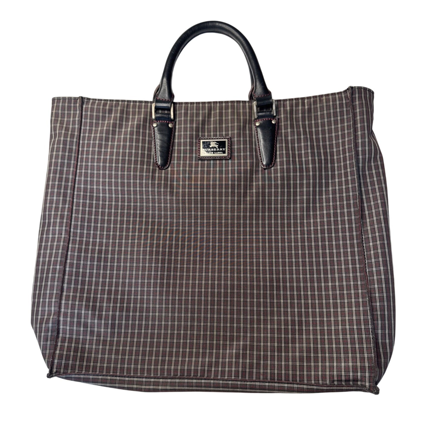 Burberry Black Label Plaid Tote Bag With Leather Handles
