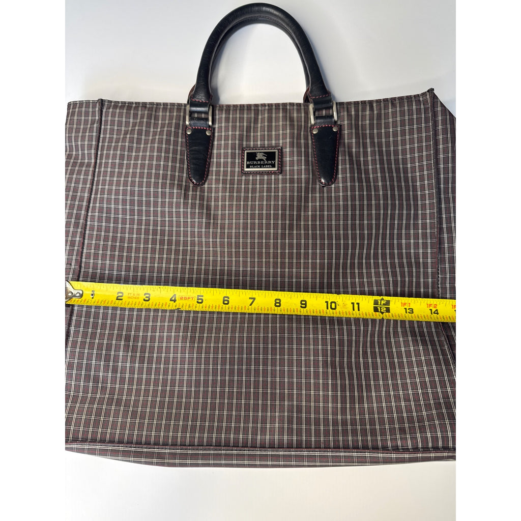 Burberry Black Label Plaid Tote Bag With Leather Handles