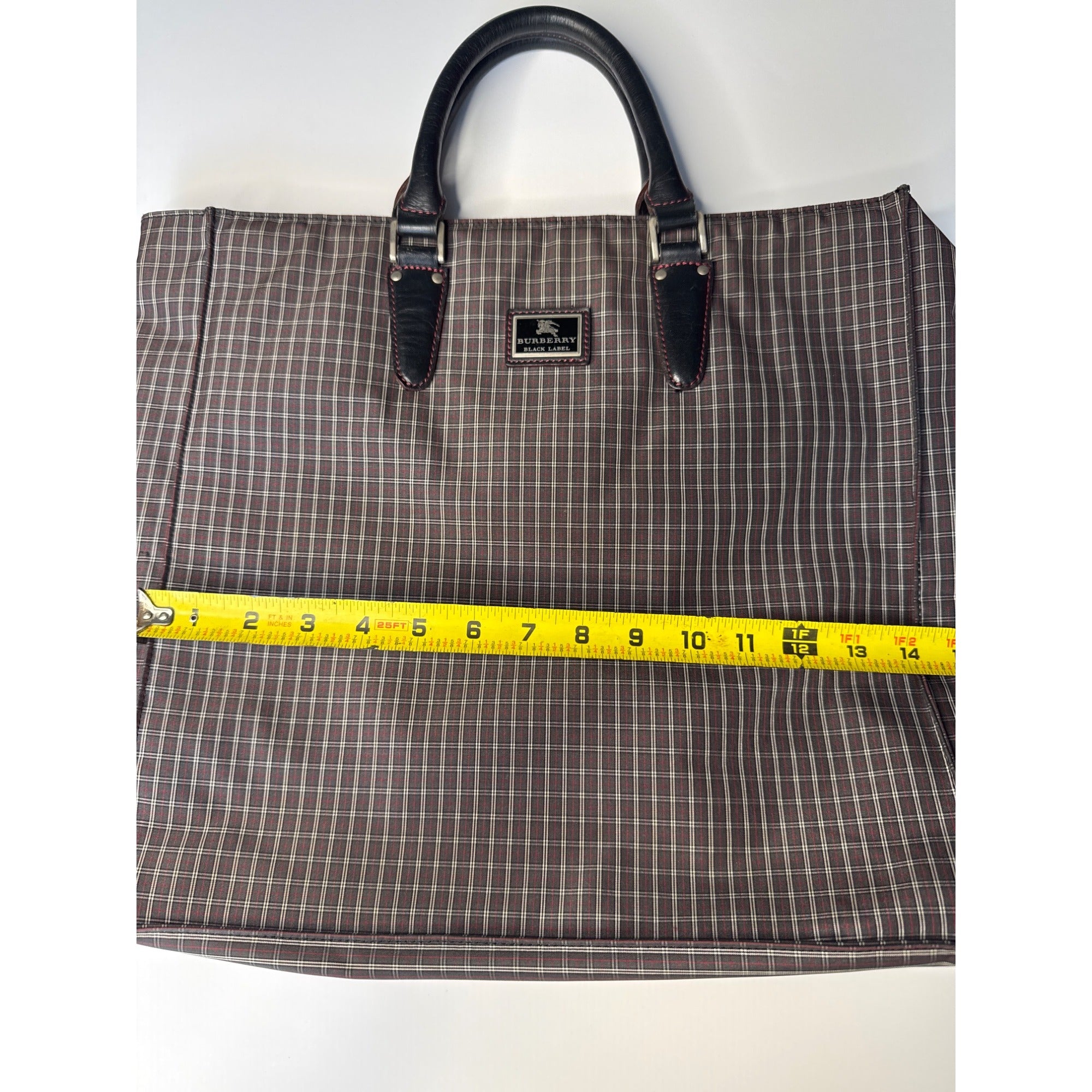 Burberry Black Label Plaid Tote Bag With Leather Handles