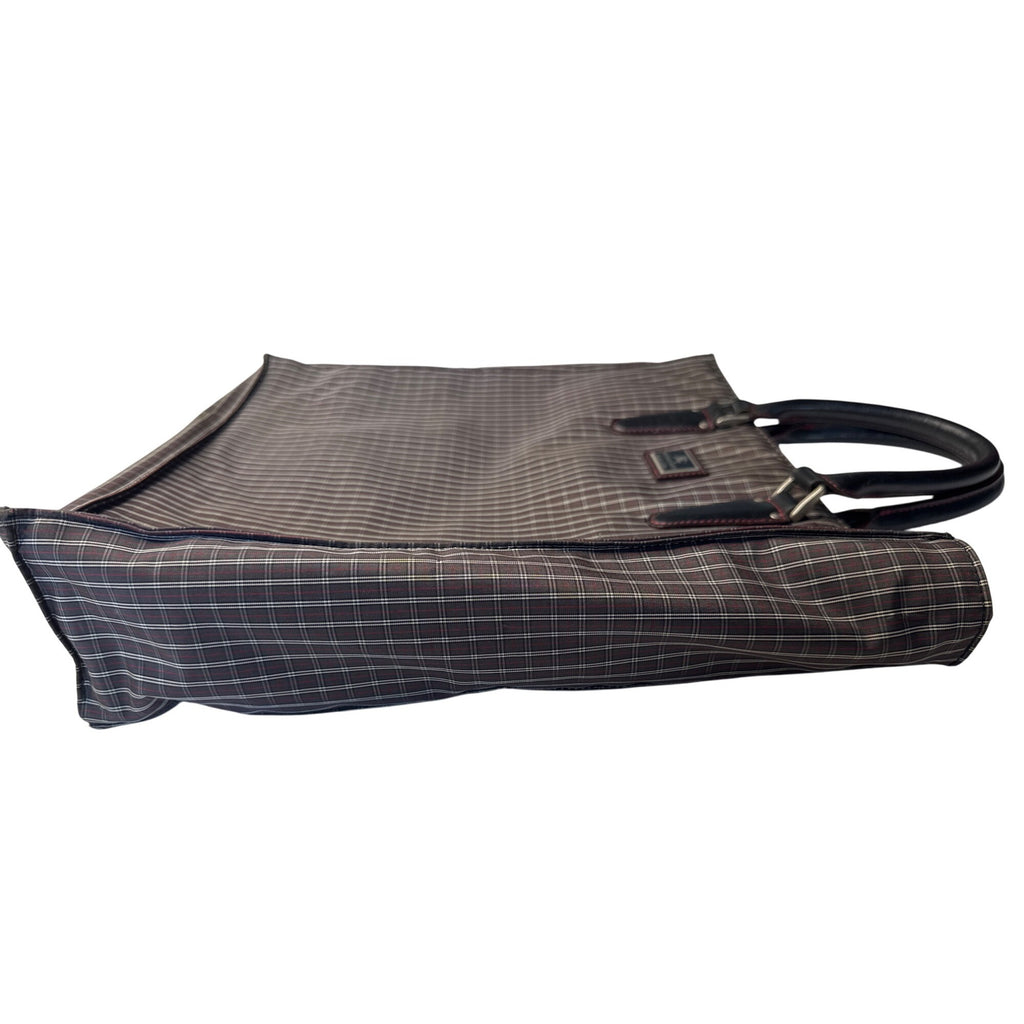 Burberry Black Label Plaid Tote Bag With Leather Handles