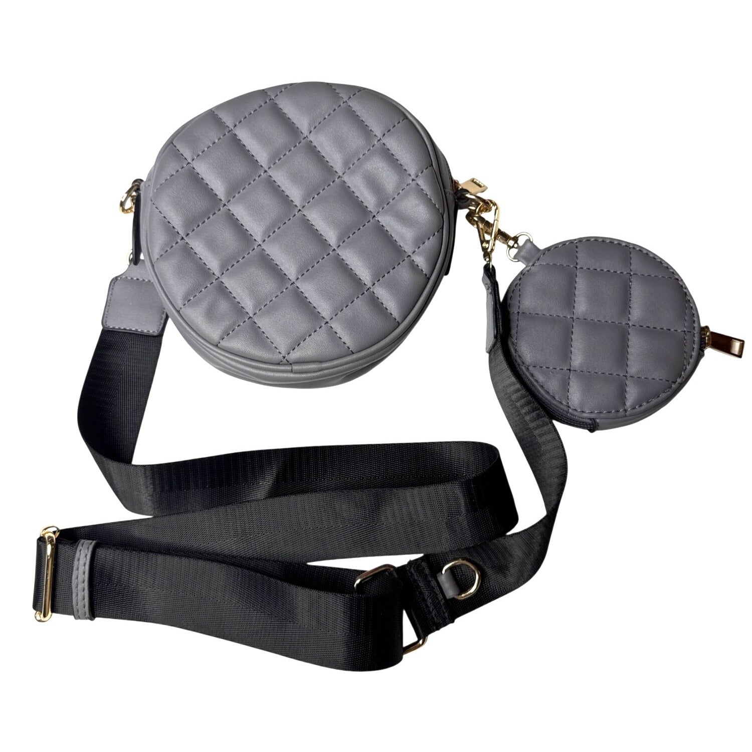 Quilted Gray Crossbody Bag & Matching Coin Pouch With Adjustable Strap