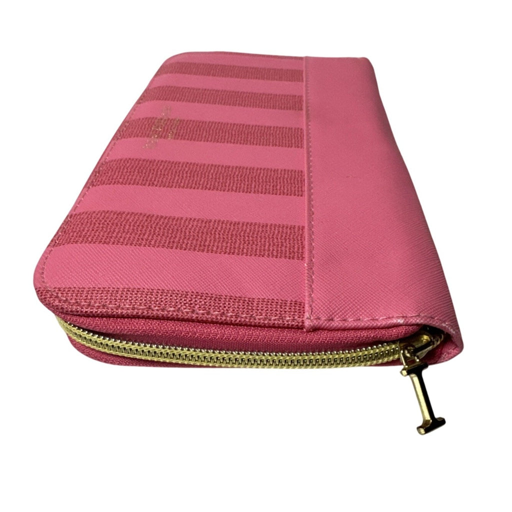 Isaac Mizrahi New York Pink Striped Makeup Brush Holder Zipper Closure Compact