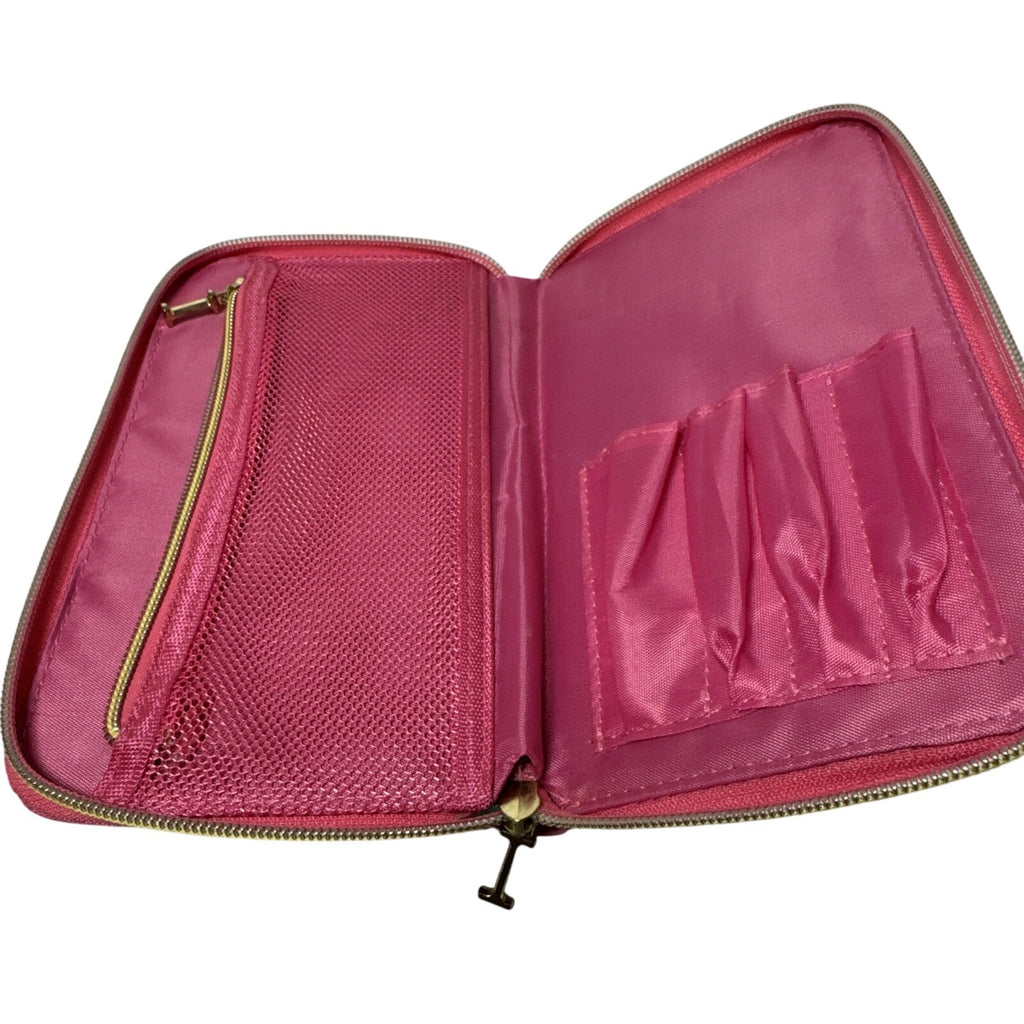 Isaac Mizrahi New York Pink Striped Makeup Brush Holder Zipper Closure Compact