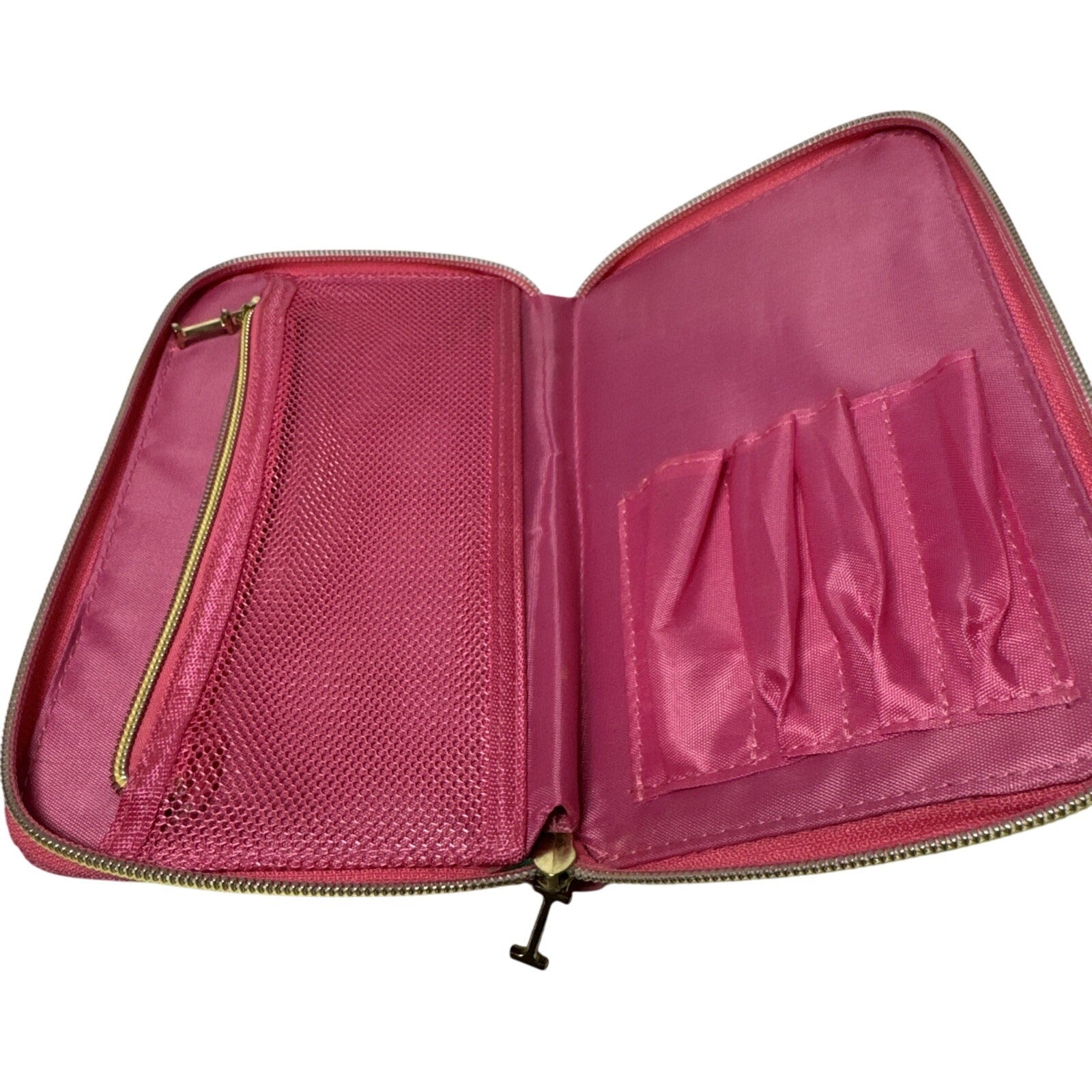 Isaac Mizrahi New York Pink Striped Makeup Brush Holder Zipper Closure Compact