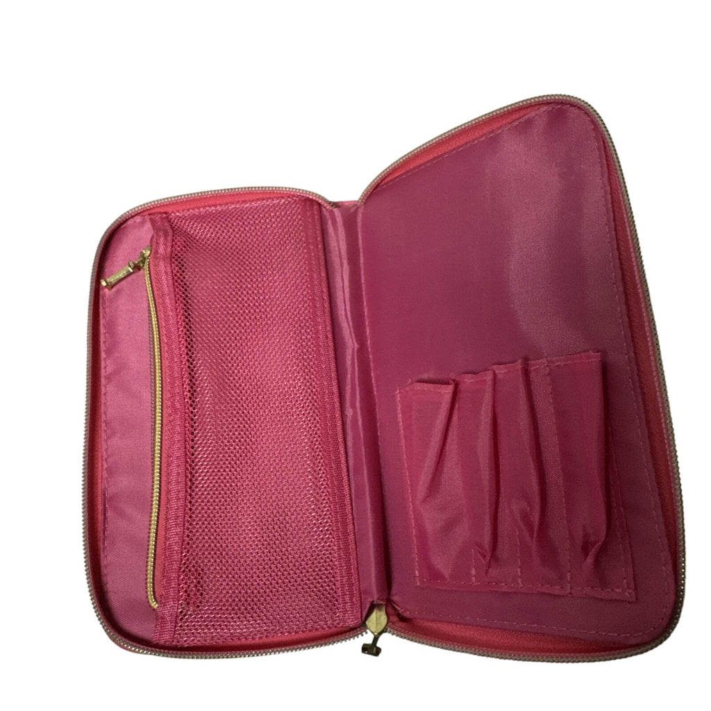 Isaac Mizrahi New York Pink Striped Makeup Brush Holder Zipper Closure Compact