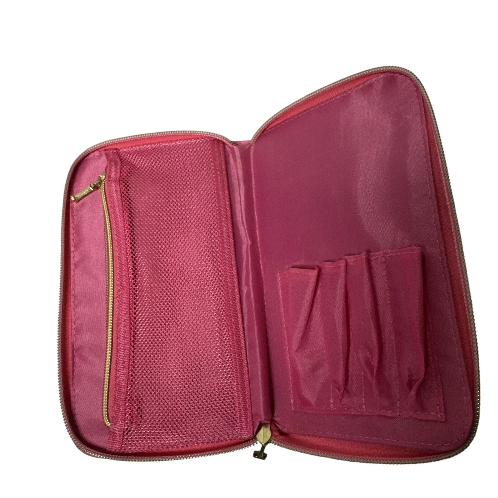 Isaac Mizrahi New York Pink Striped Makeup Brush Holder Zipper Closure Compact