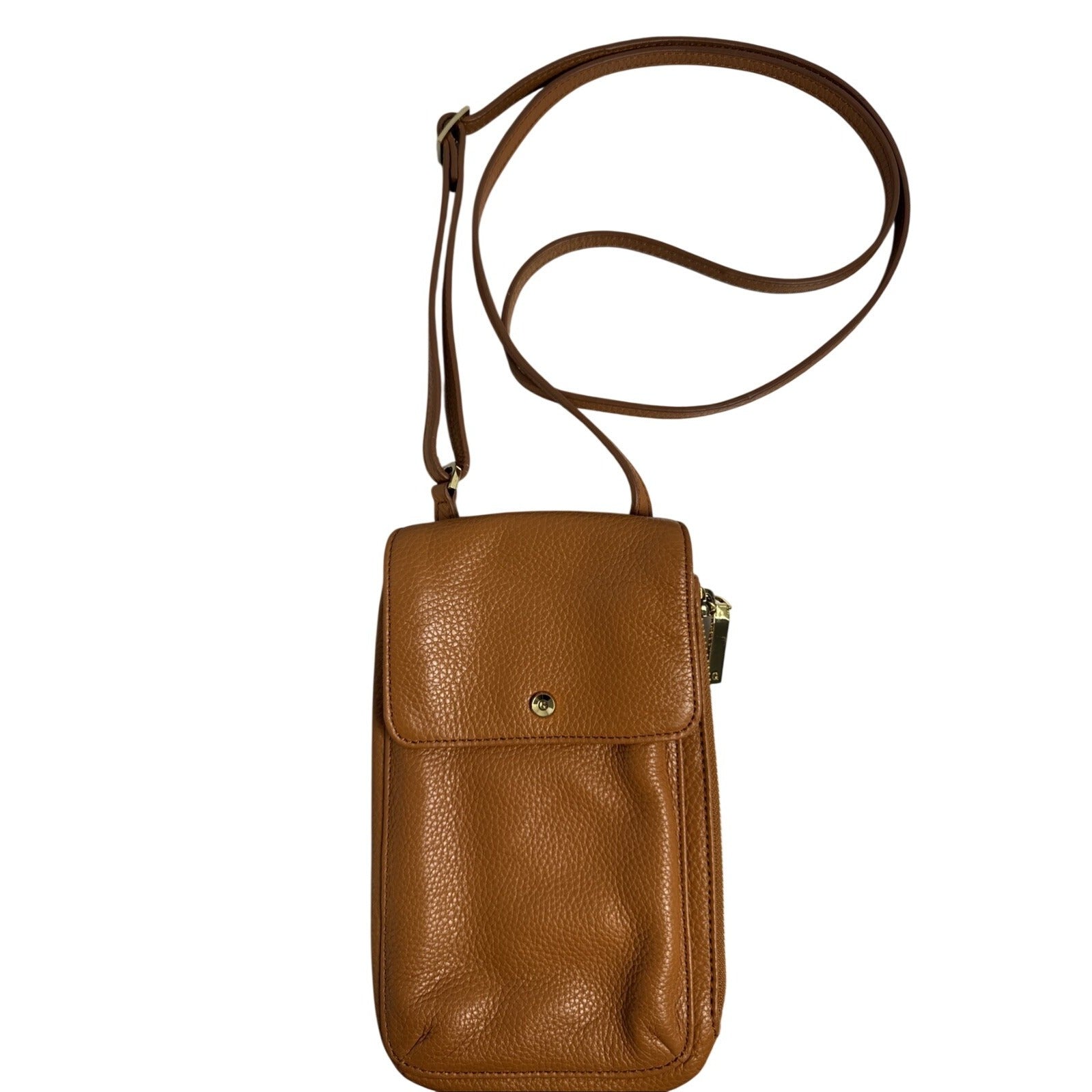 Gili Brown Pebble Leather Crossbody Bag With Front Flap & Adjustable Strap
