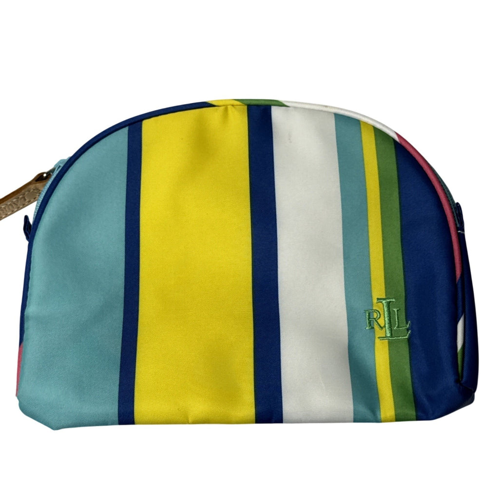 Lauren Ralph Lauren Striped Cosmetic Pouch W/Zipper Closure & Leather Pull