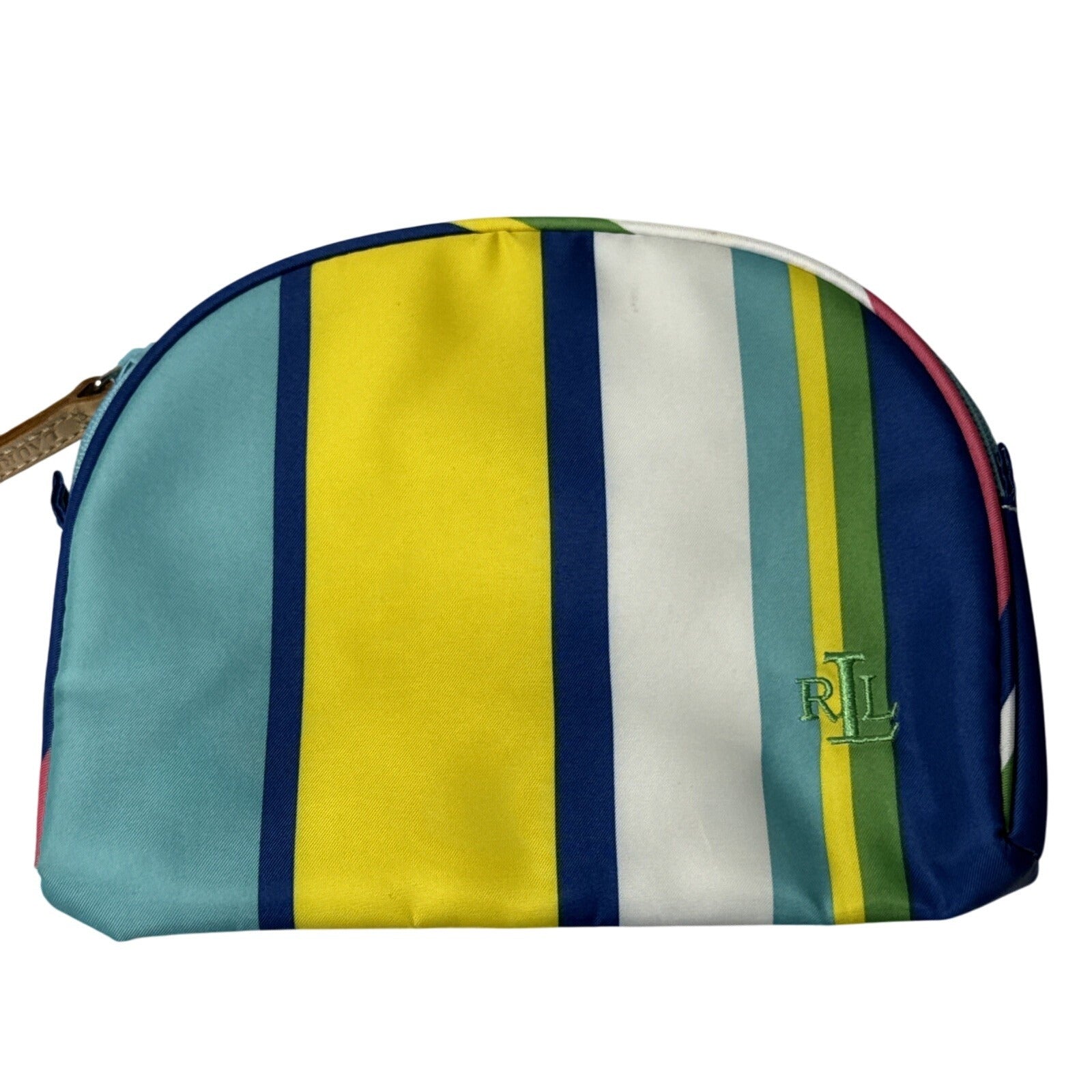Lauren Ralph Lauren Striped Cosmetic Pouch W/Zipper Closure & Leather Pull