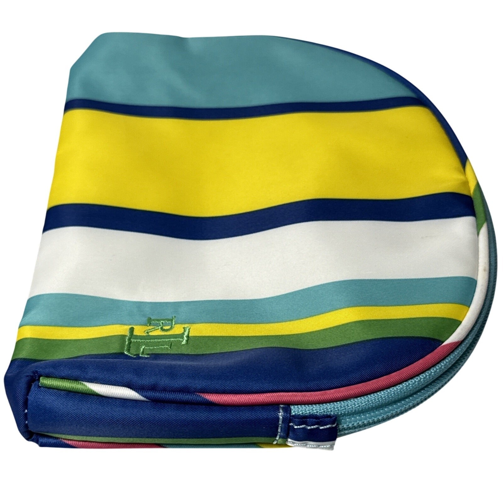 Lauren Ralph Lauren Striped Cosmetic Pouch W/Zipper Closure & Leather Pull