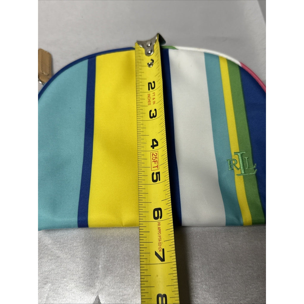 Lauren Ralph Lauren Striped Cosmetic Pouch W/Zipper Closure & Leather Pull