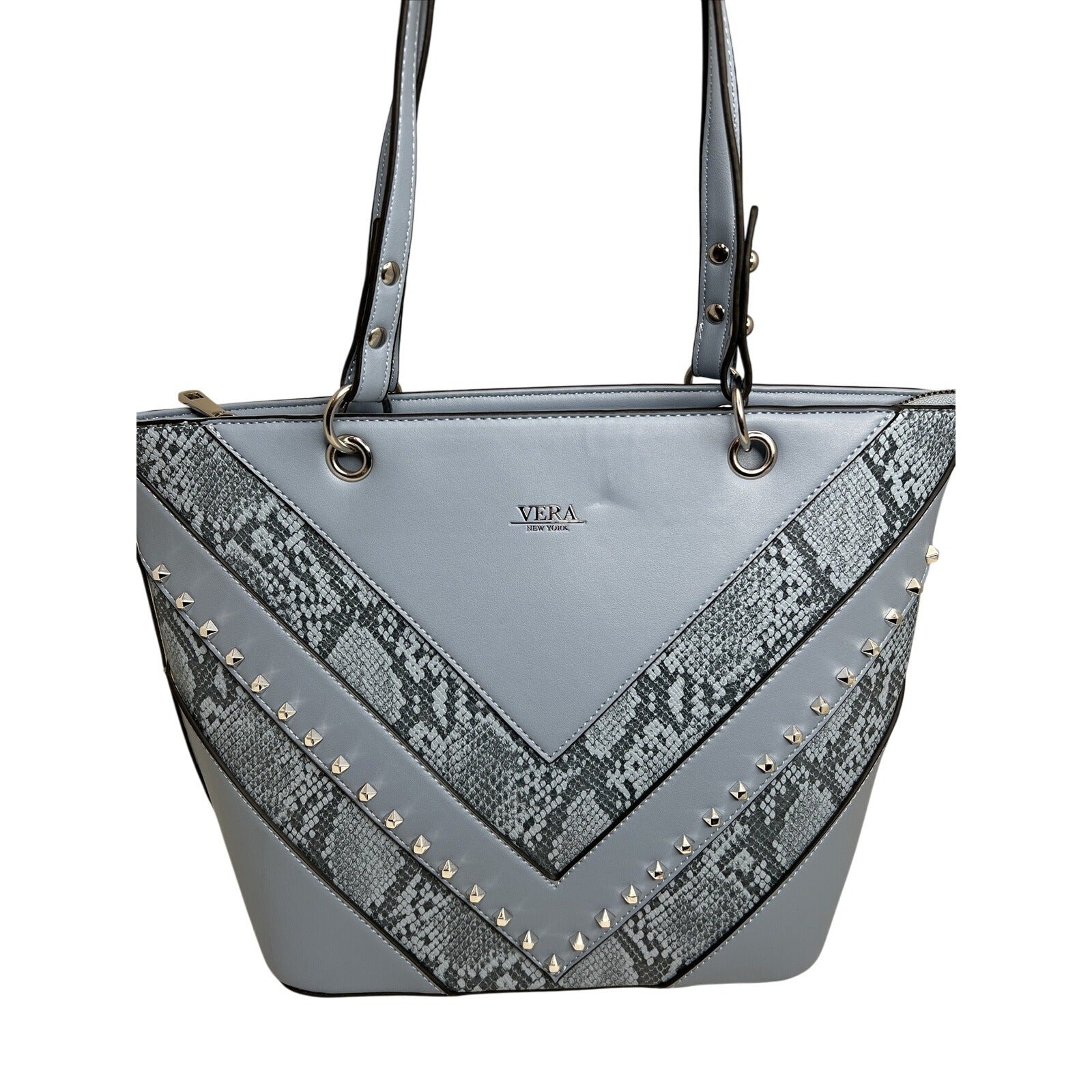 Vera New York Blue Faux Leather Studded Tote With Snake Print Design & Zip Closure