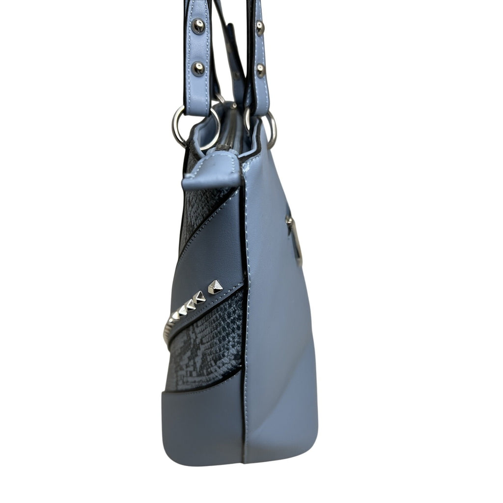 Vera New York Blue Faux Leather Studded Tote With Snake Print Design & Zip Closure