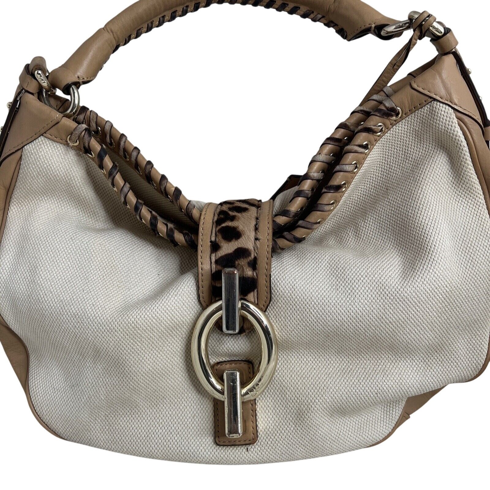 Diane Von Furstenberg Canvas/Leather Leopard Accent Hobo Bag Tan & White