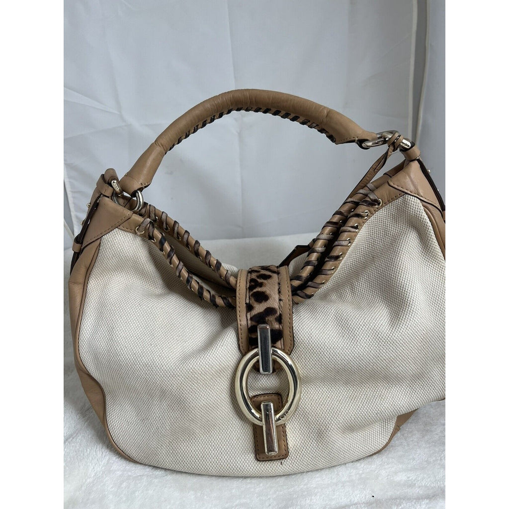 Diane Von Furstenberg Canvas/Leather Leopard Accent Hobo Bag Tan & White