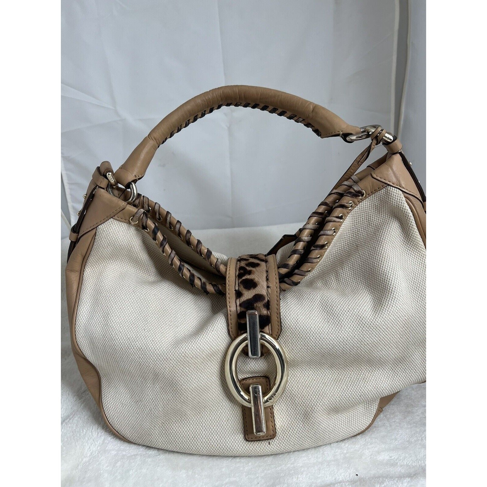 Diane Von Furstenberg Canvas/Leather Leopard Accent Hobo Bag Tan & White