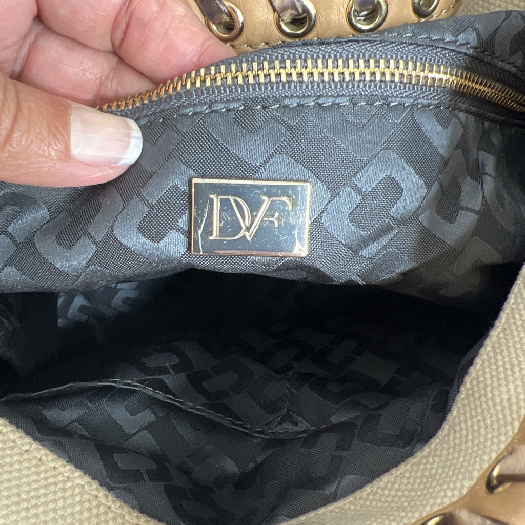 Diane Von Furstenberg Canvas/Leather Leopard Accent Hobo Bag Tan & White