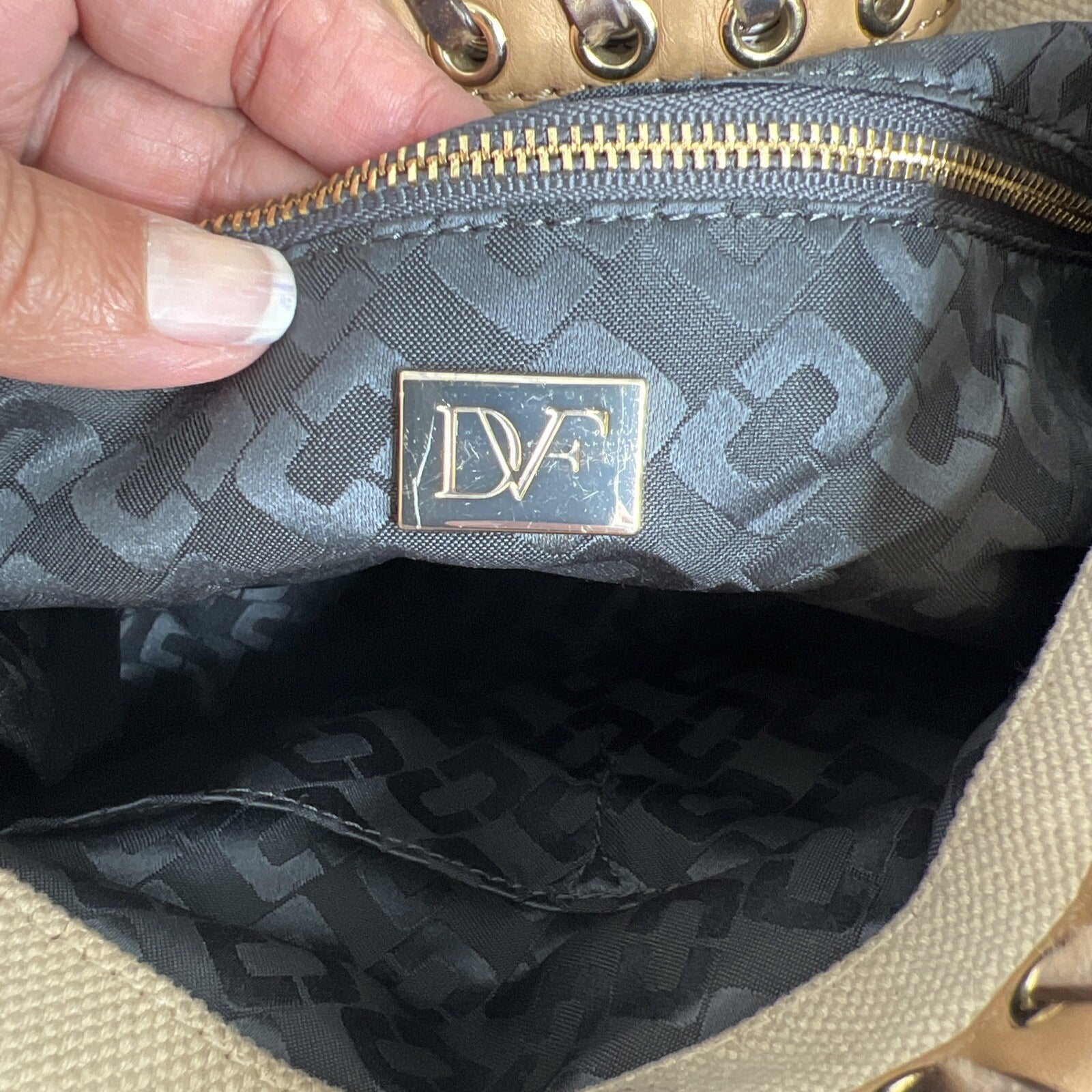 Diane Von Furstenberg Canvas/Leather Leopard Accent Hobo Bag Tan & White