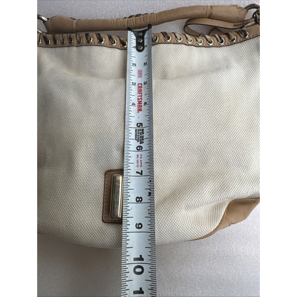 Diane Von Furstenberg Canvas/Leather Leopard Accent Hobo Bag Tan & White