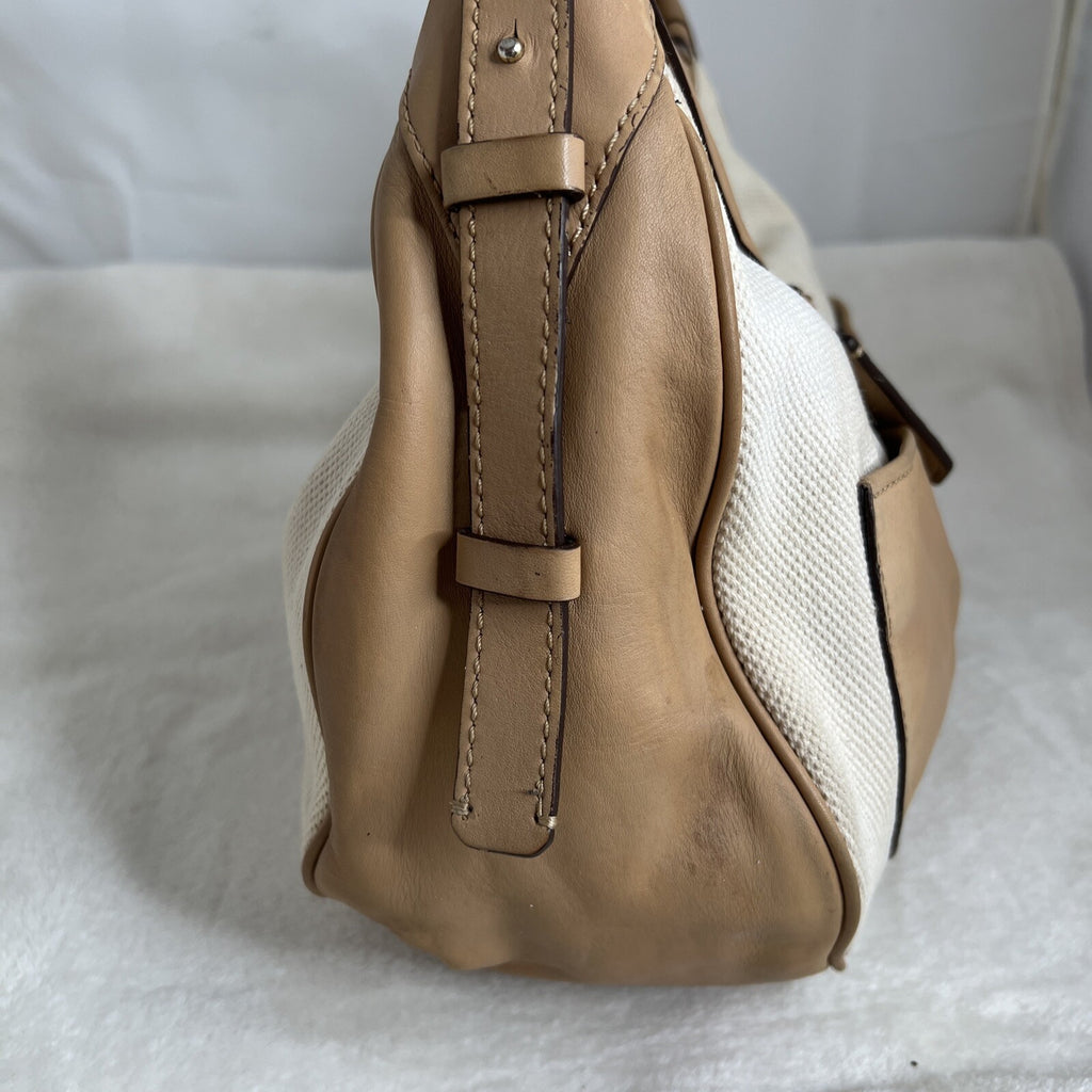 Diane Von Furstenberg Canvas/Leather Leopard Accent Hobo Bag Tan & White