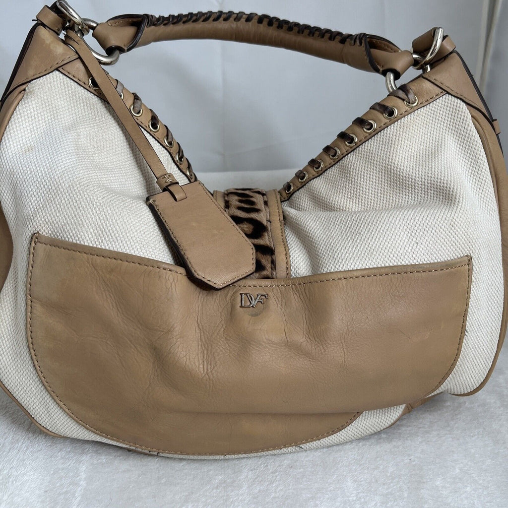 Diane Von Furstenberg Canvas/Leather Leopard Accent Hobo Bag Tan & White