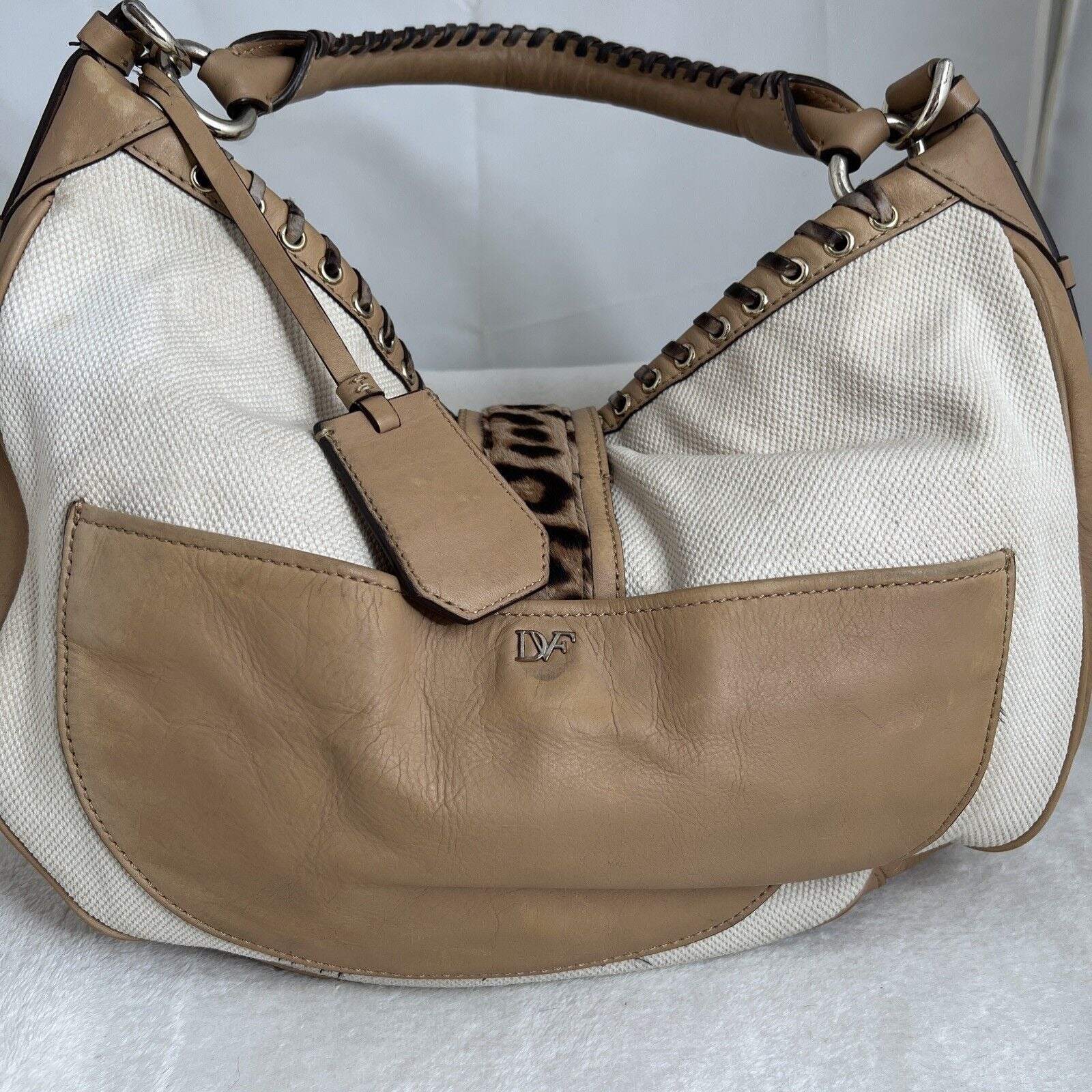 Diane Von Furstenberg Canvas/Leather Leopard Accent Hobo Bag Tan & White