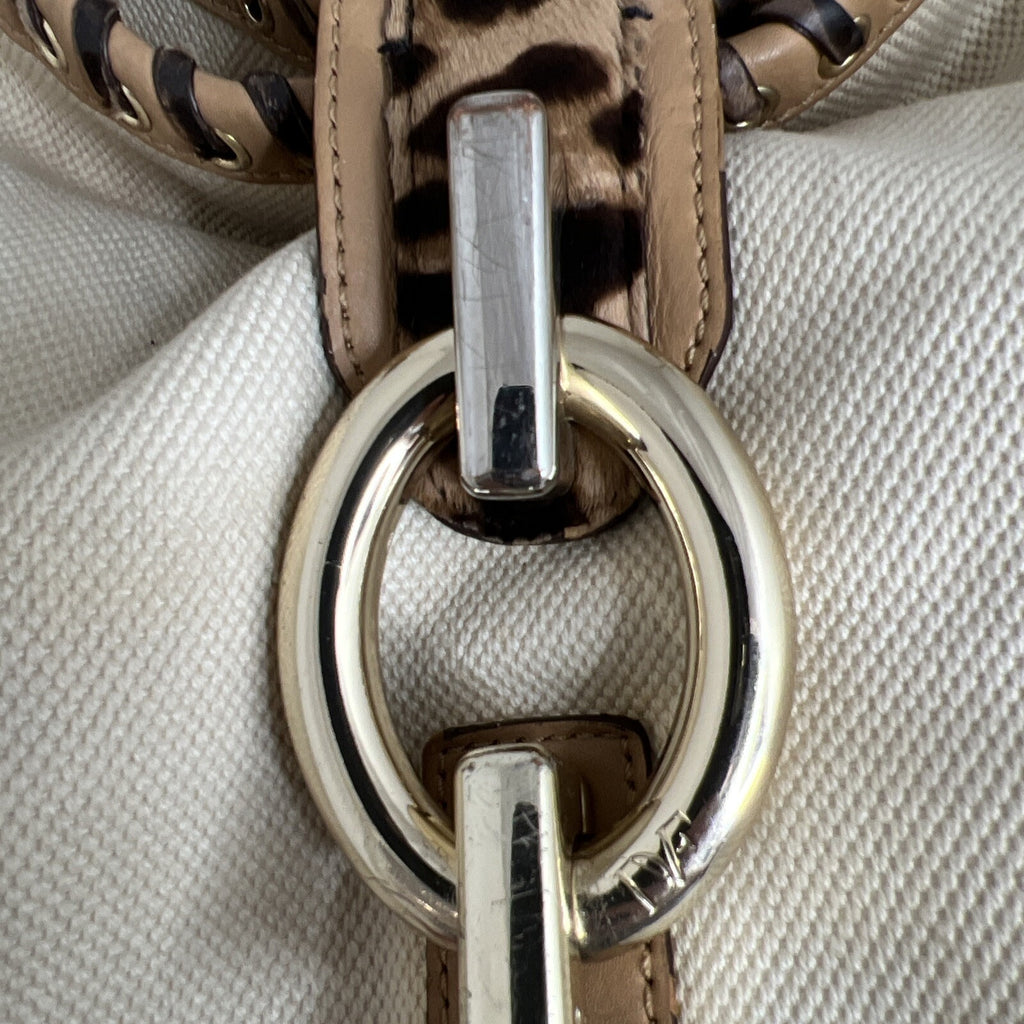 Diane Von Furstenberg Canvas/Leather Leopard Accent Hobo Bag Tan & White