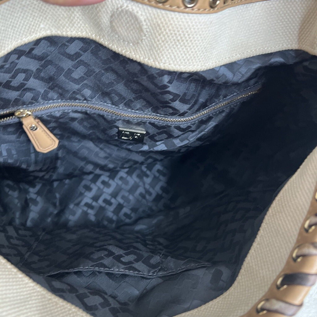 Diane Von Furstenberg Canvas/Leather Leopard Accent Hobo Bag Tan & White