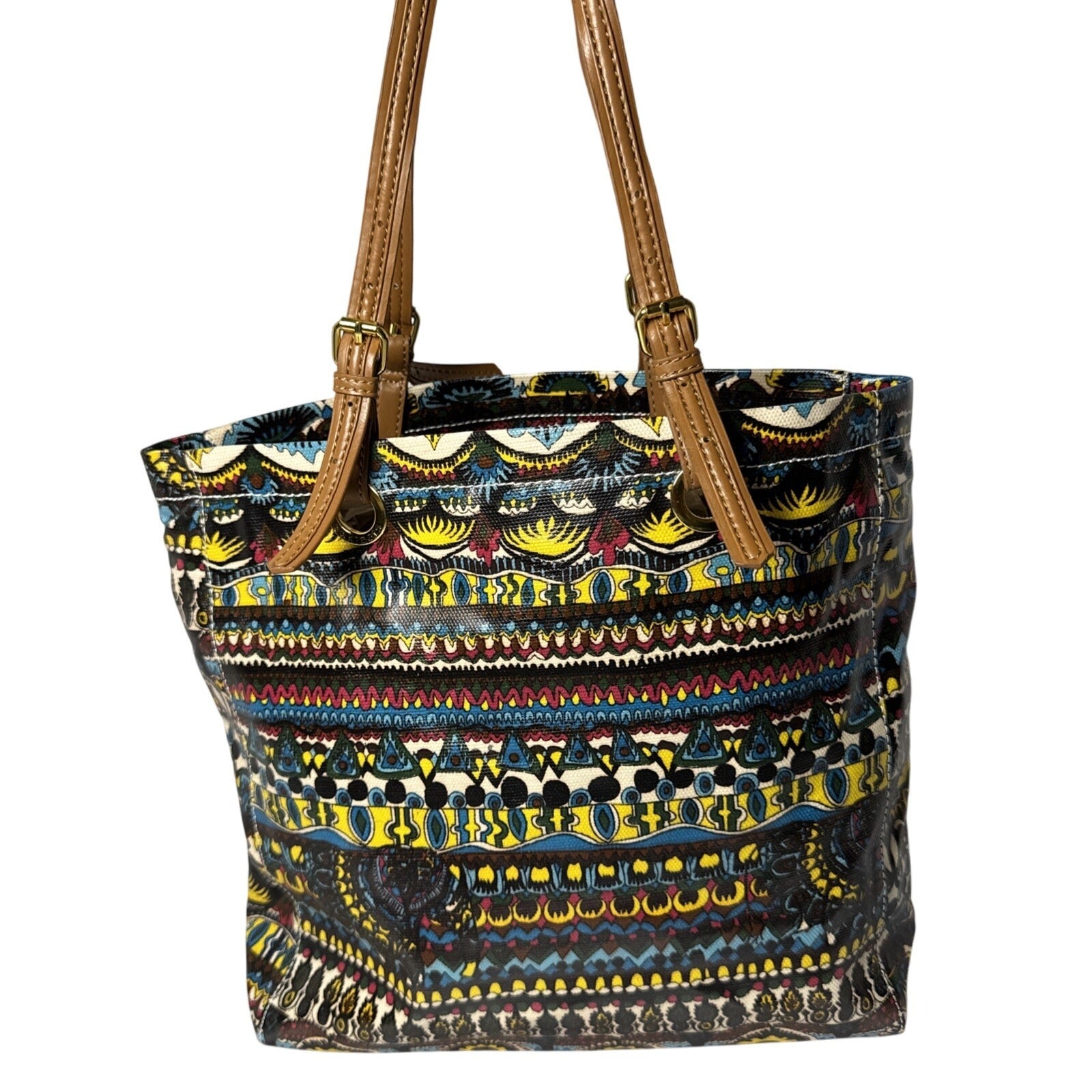 Stack Roots Multicolor Graphics Tote Bag With Brown Handles