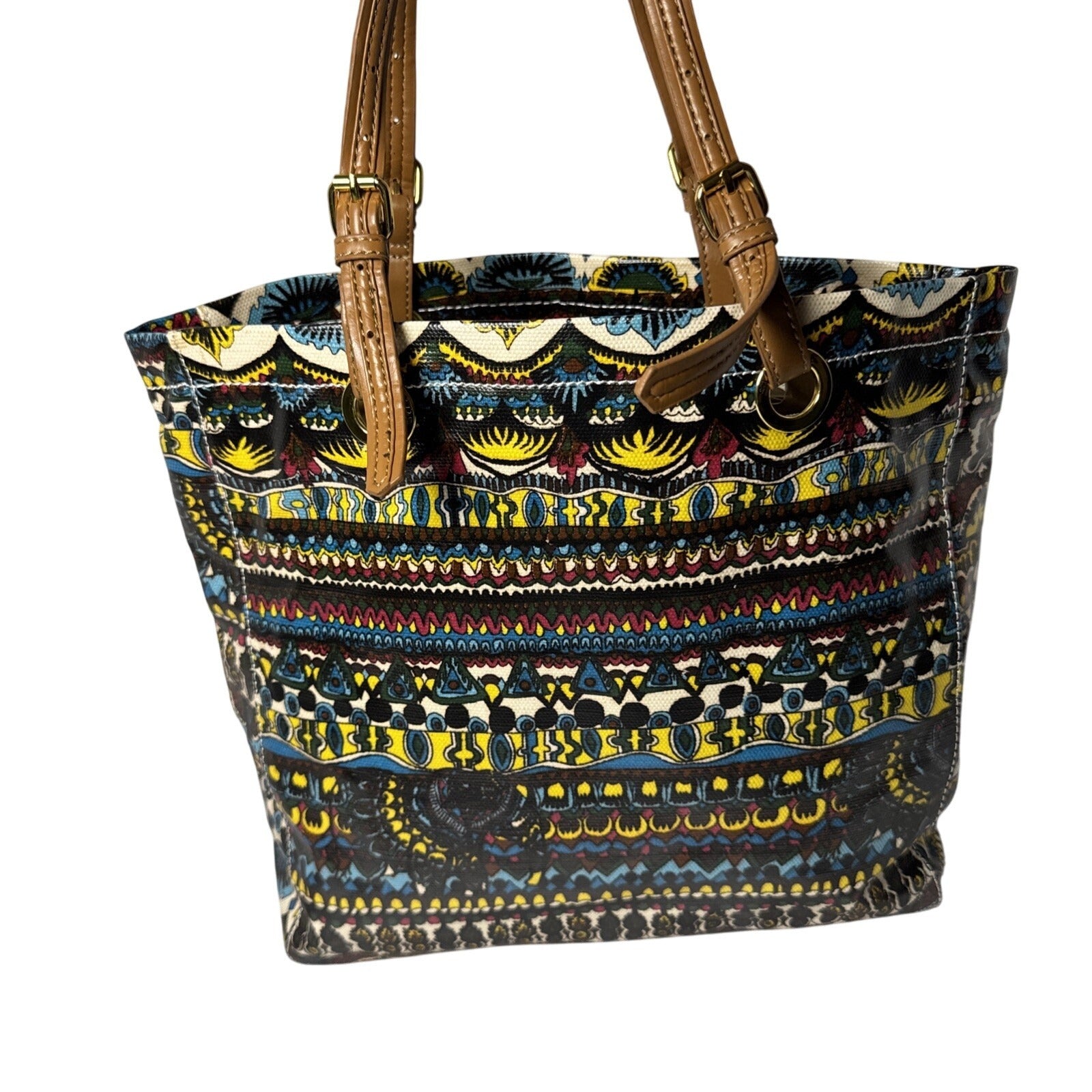 Stack Roots Multicolor Graphics Tote Bag With Brown Handles