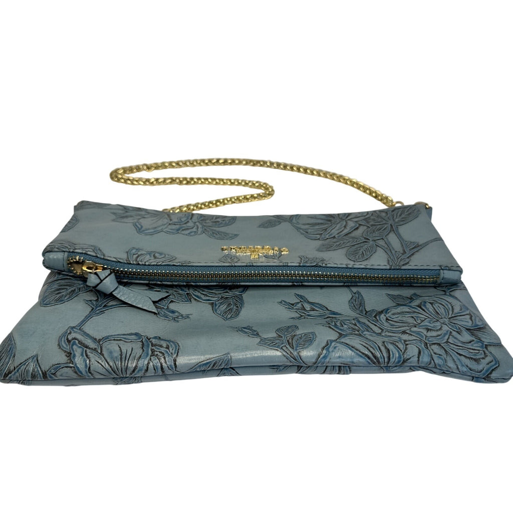 Cuoieria Fiorentina Embossed Blue Floral Leather Crossbody Bag Gold Chain Strap