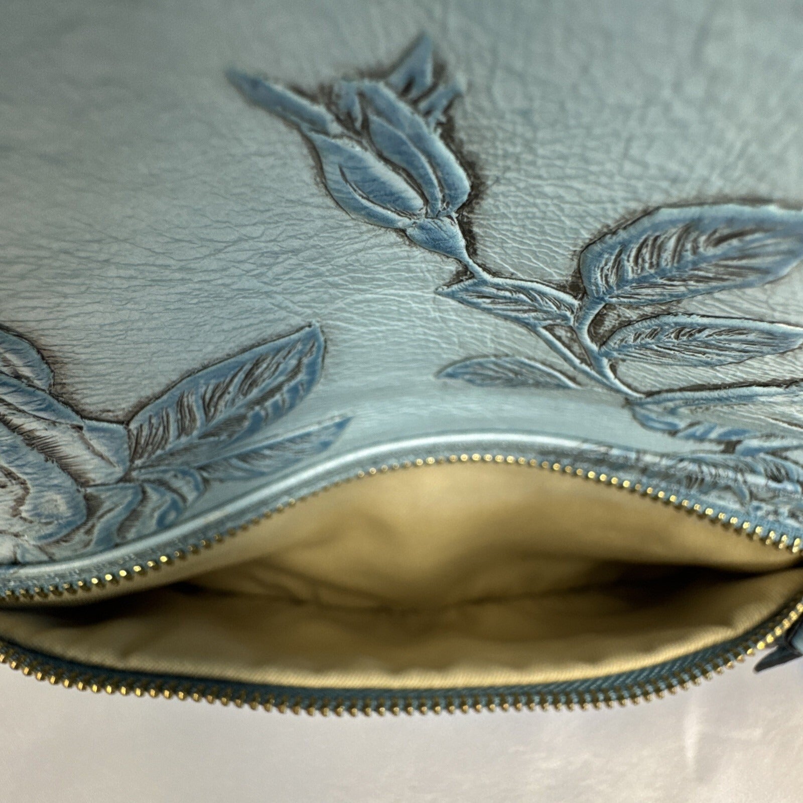 Cuoieria Fiorentina Embossed Blue Floral Leather Crossbody Bag Gold Chain Strap