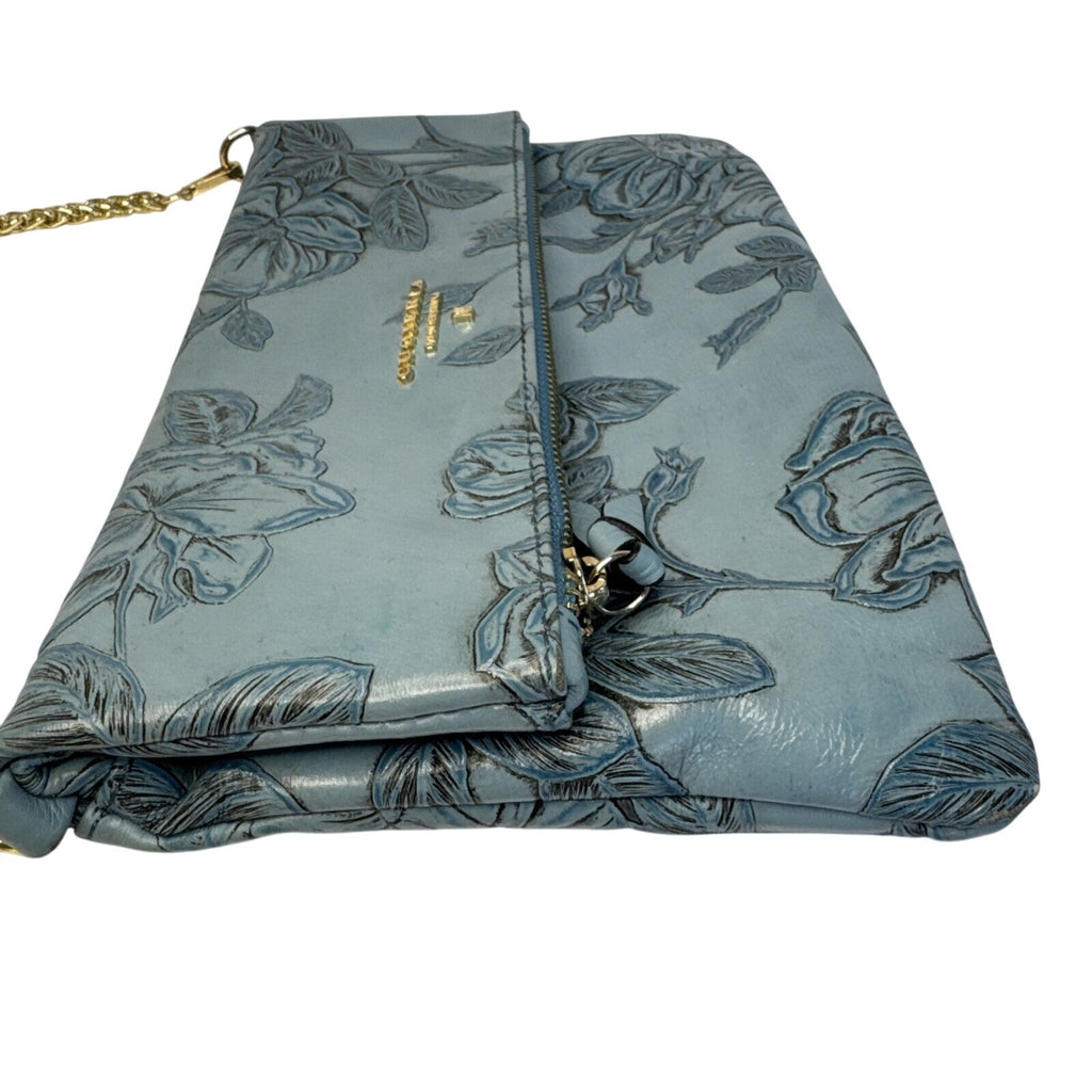 Cuoieria Fiorentina Embossed Blue Floral Leather Crossbody Bag Gold Chain Strap