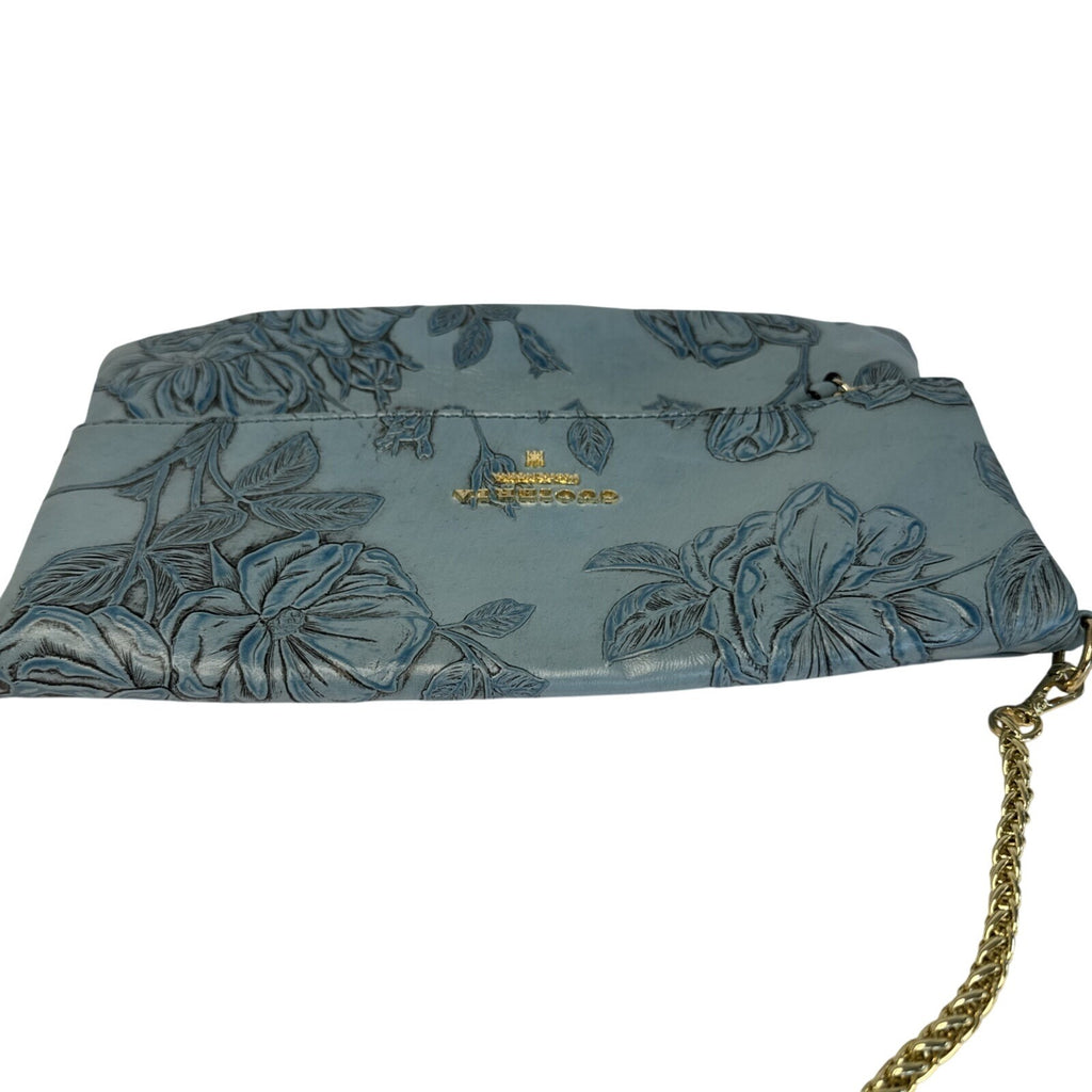 Cuoieria Fiorentina Embossed Blue Floral Leather Crossbody Bag Gold Chain Strap