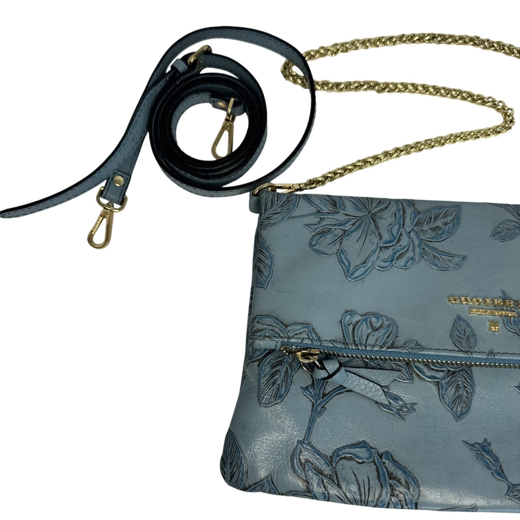 Cuoieria Fiorentina Embossed Blue Floral Leather Crossbody Bag Gold Chain Strap