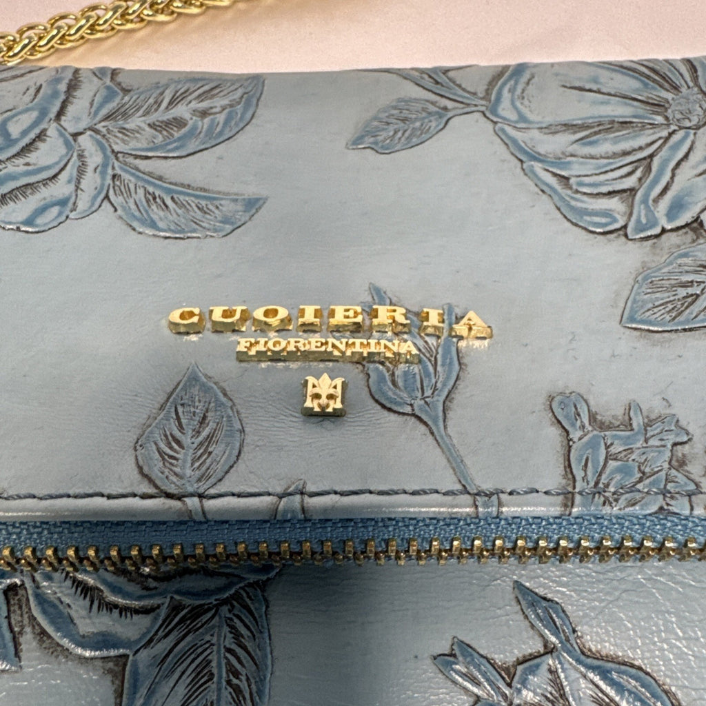 Cuoieria Fiorentina Embossed Blue Floral Leather Crossbody Bag Gold Chain Strap
