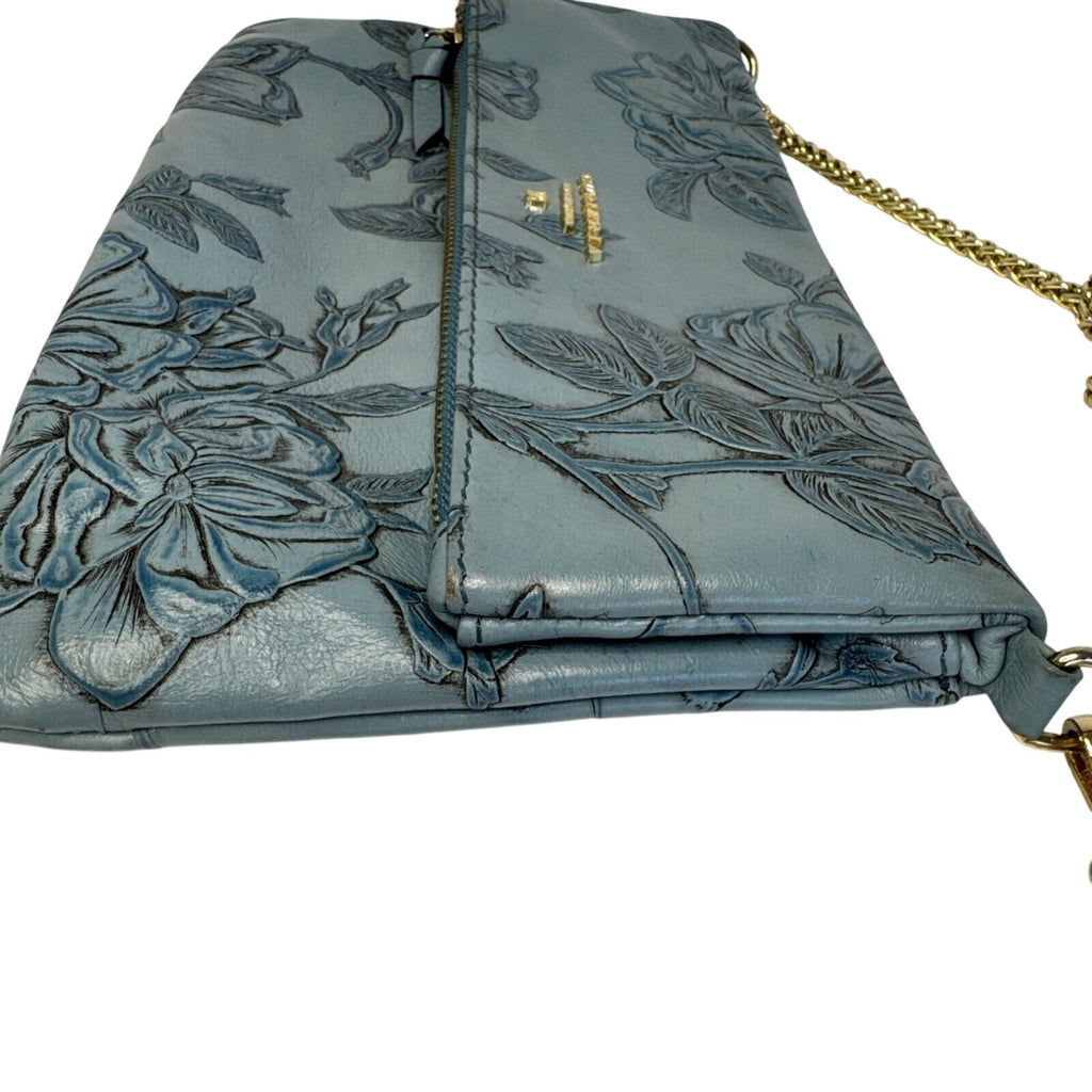 Cuoieria Fiorentina Embossed Blue Floral Leather Crossbody Bag Gold Chain Strap