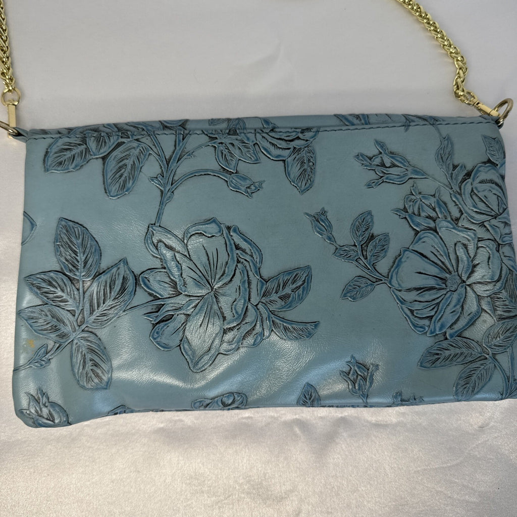 Cuoieria Fiorentina Embossed Blue Floral Leather Crossbody Bag Gold Chain Strap
