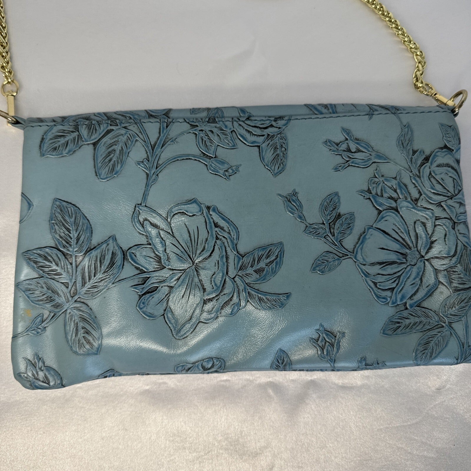 Cuoieria Fiorentina Embossed Blue Floral Leather Crossbody Bag Gold Chain Strap