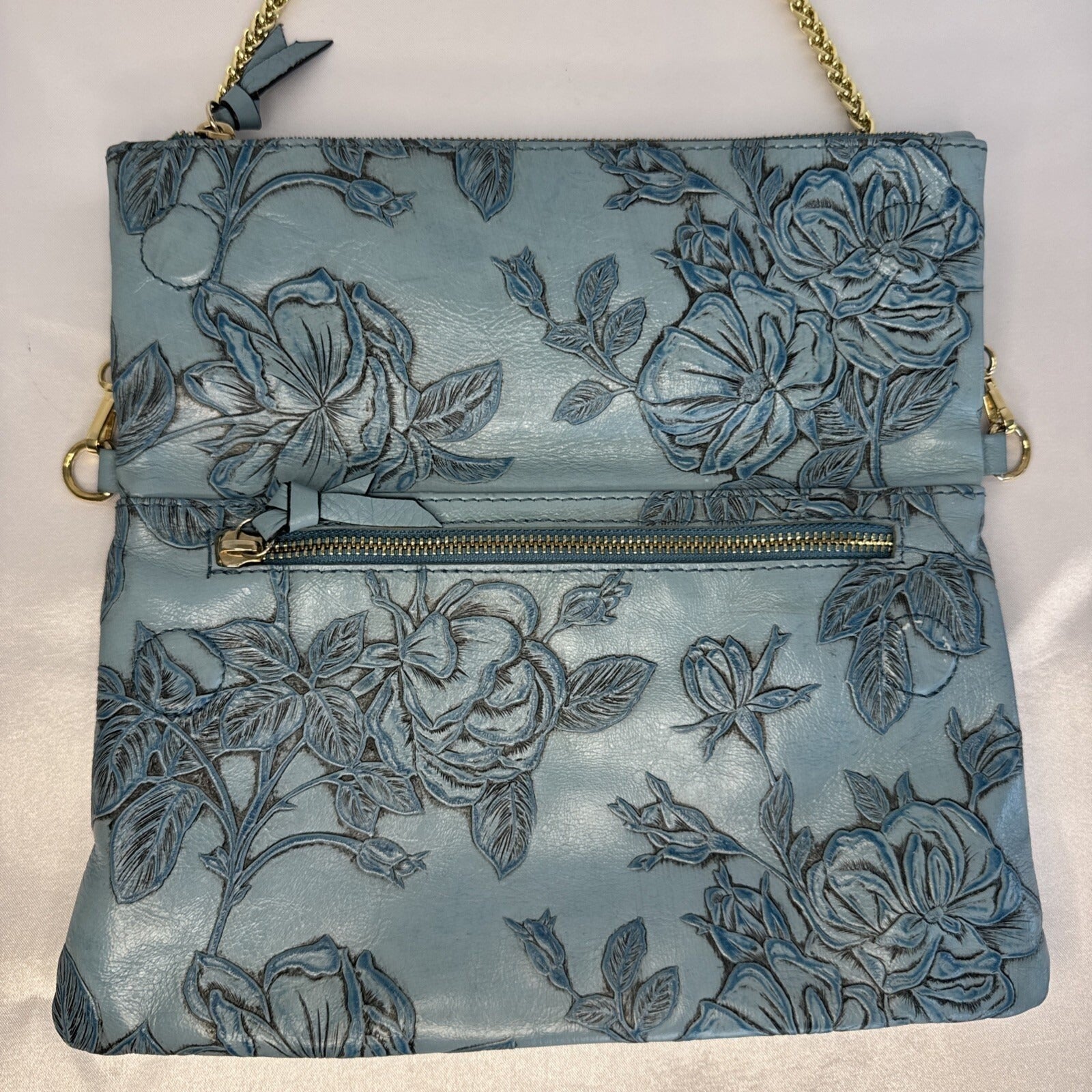 Cuoieria Fiorentina Embossed Blue Floral Leather Crossbody Bag Gold Chain Strap