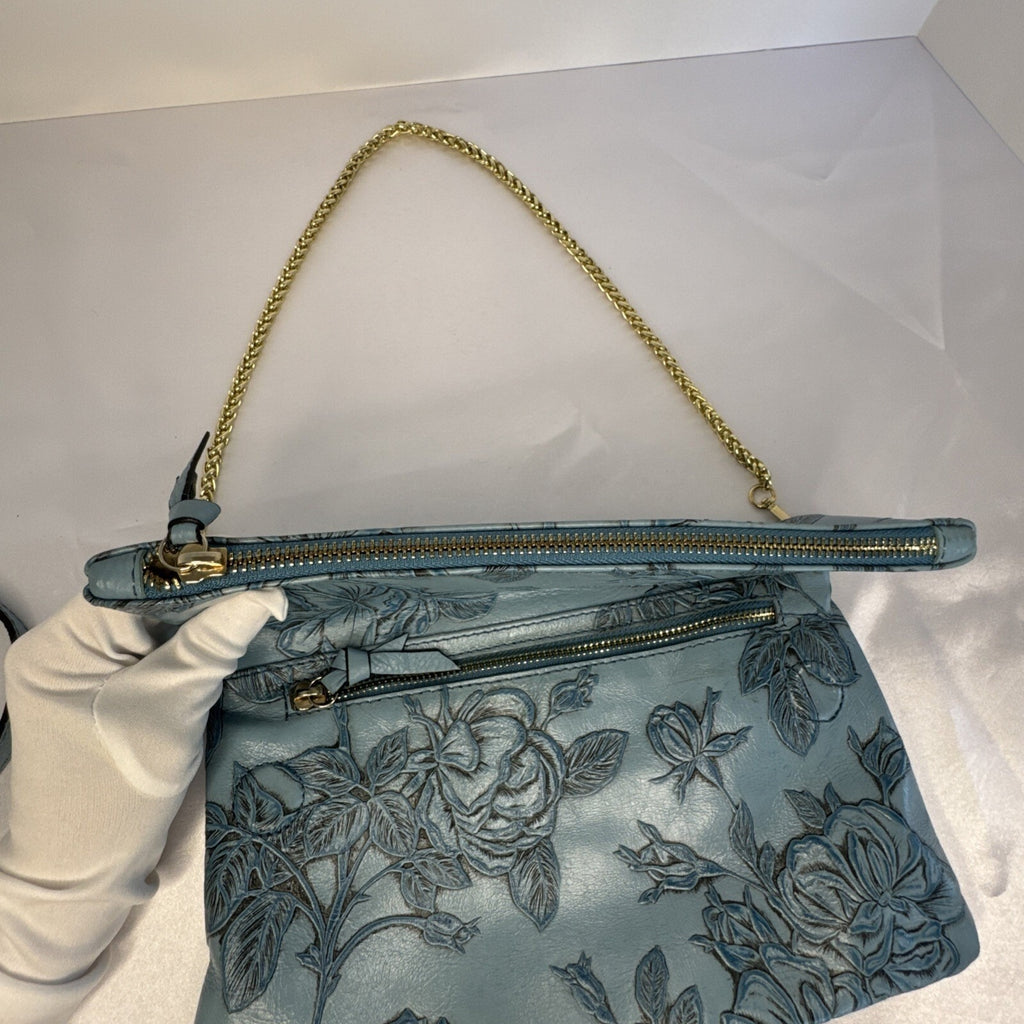 Cuoieria Fiorentina Embossed Blue Floral Leather Crossbody Bag Gold Chain Strap