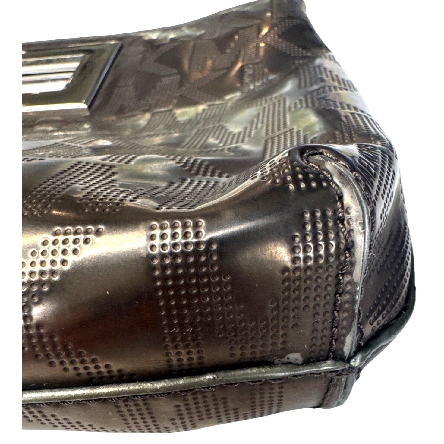 Michael Kors Brown Metallic Monogram Embossed Clutch Bag W/ Metal Cutout Handle