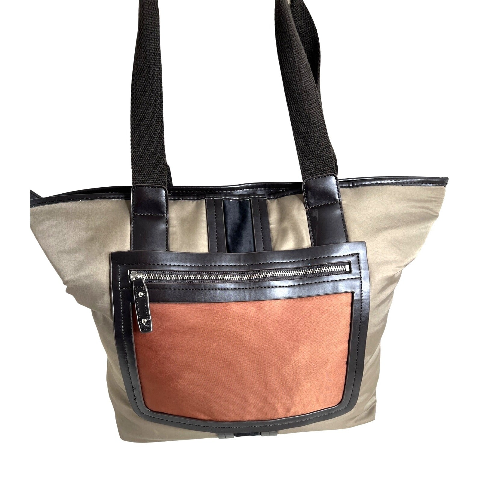 Sandra Roberts Large Tote Bag With Brown Handles & Front Zipper Pocket